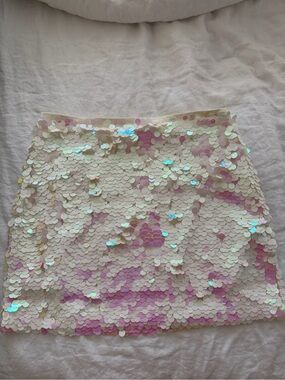 Zara Iridescent Sequin Mini Skirt in White with Pink Sheen